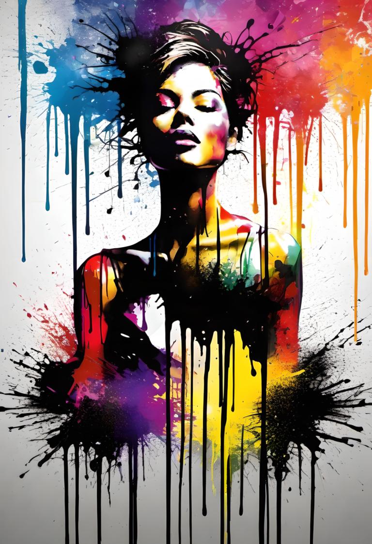 Spray Painting,Spray Painting, People, woman, solo, paint splatter, black hair, male focus, upper body, 1boy