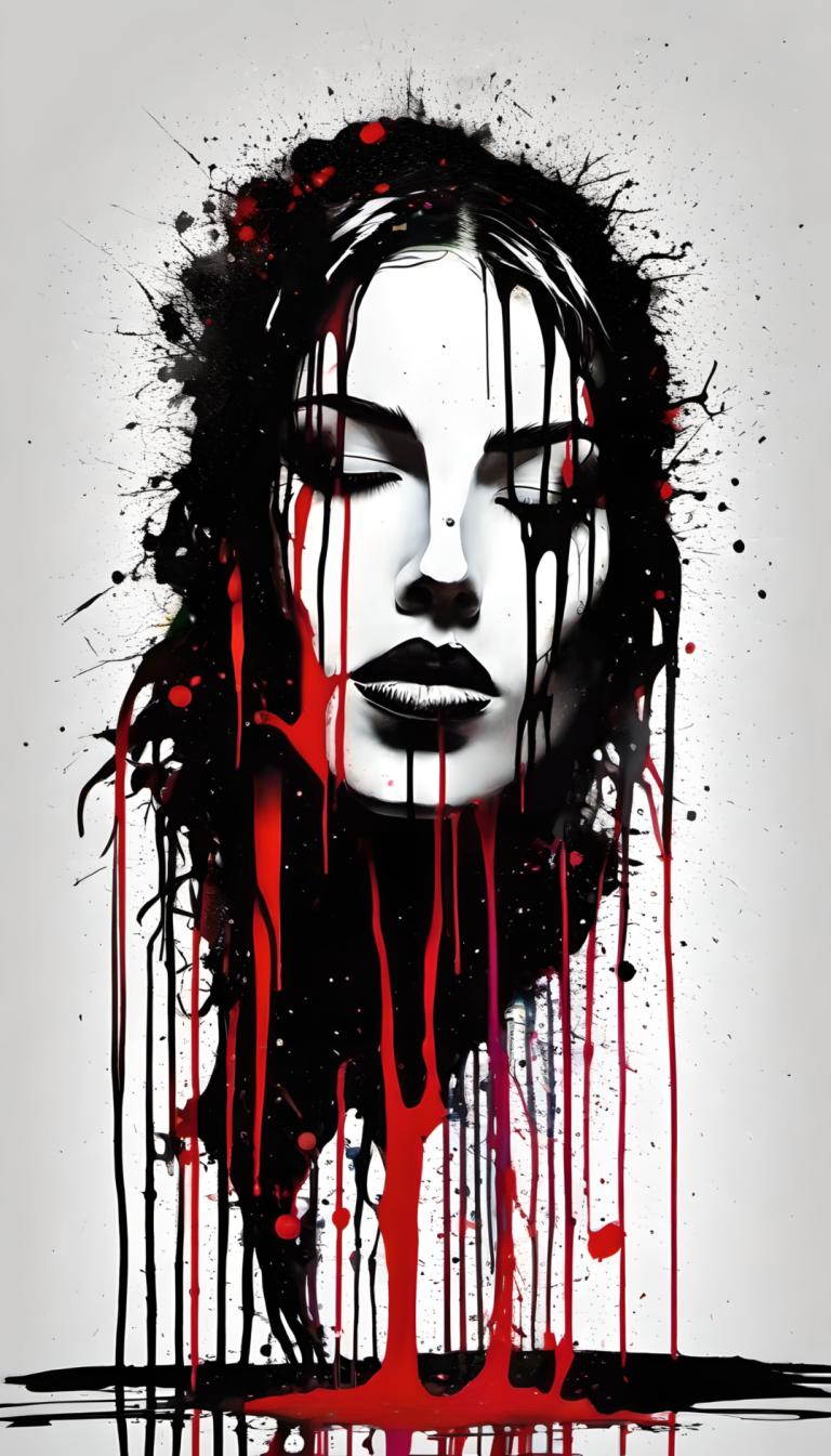 Spray Painting,Spray Painting, People, woman, solo, black hair, blood, 1girl, looking at viewer, facial hair