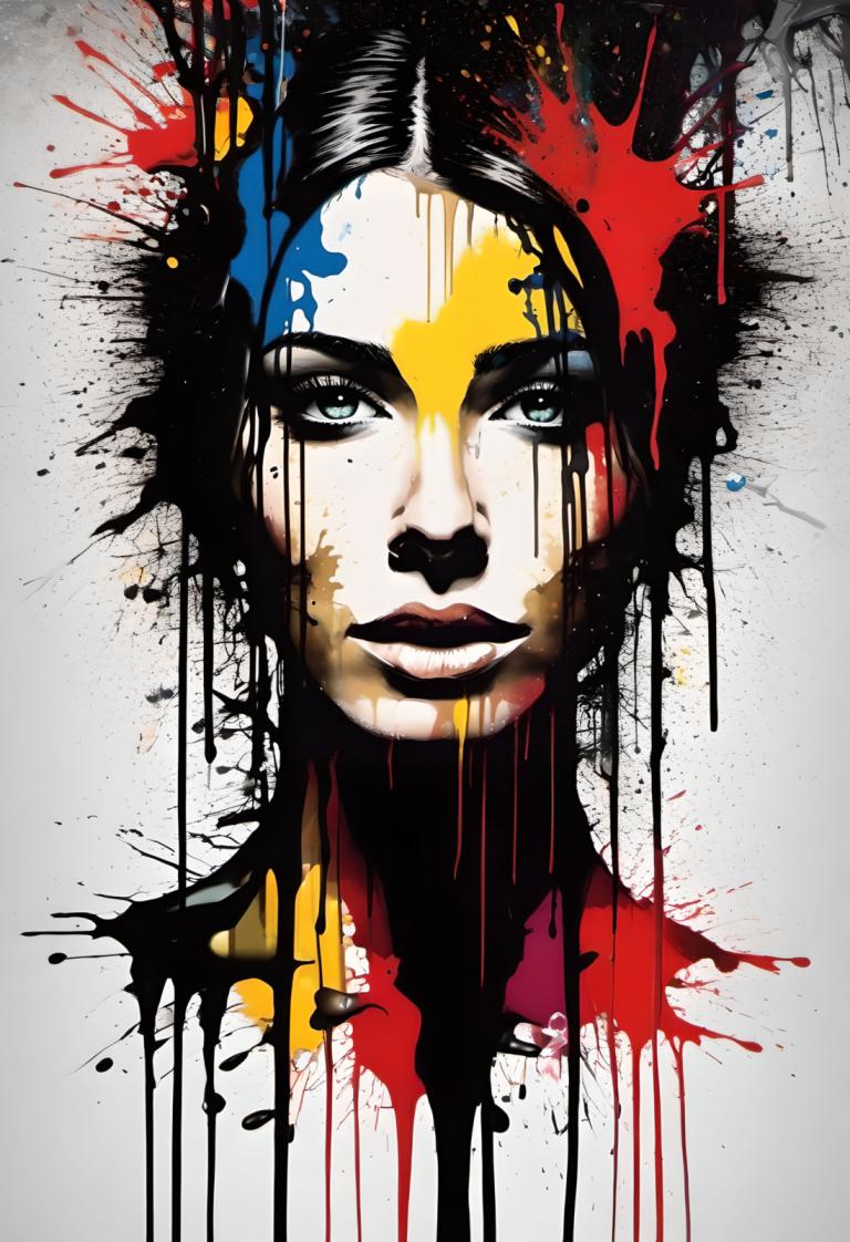 Spray Painting,Spray Painting, People, woman, solo, paint splatter, black hair, paint, 1girl, makeup