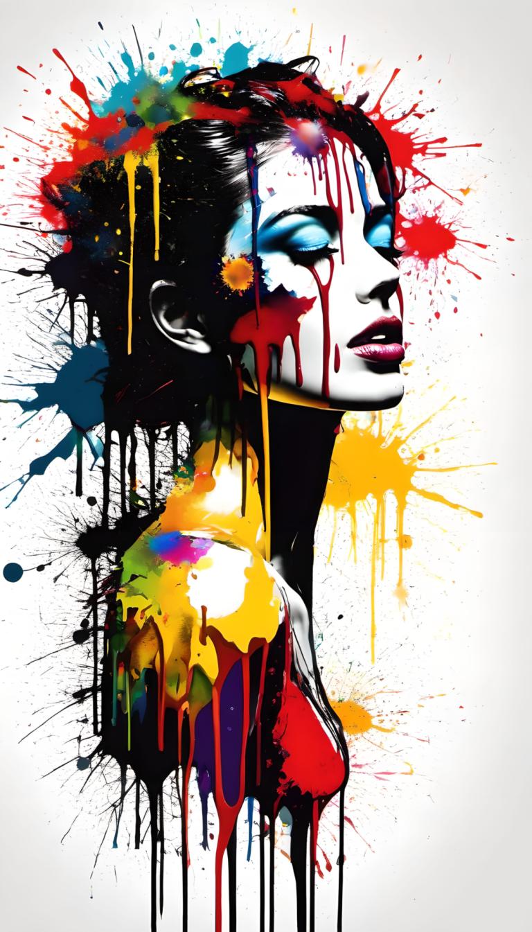 Spray Painting,Spray Painting, People, woman, 1girl, solo, paint splatter, black hair, paint, makeup