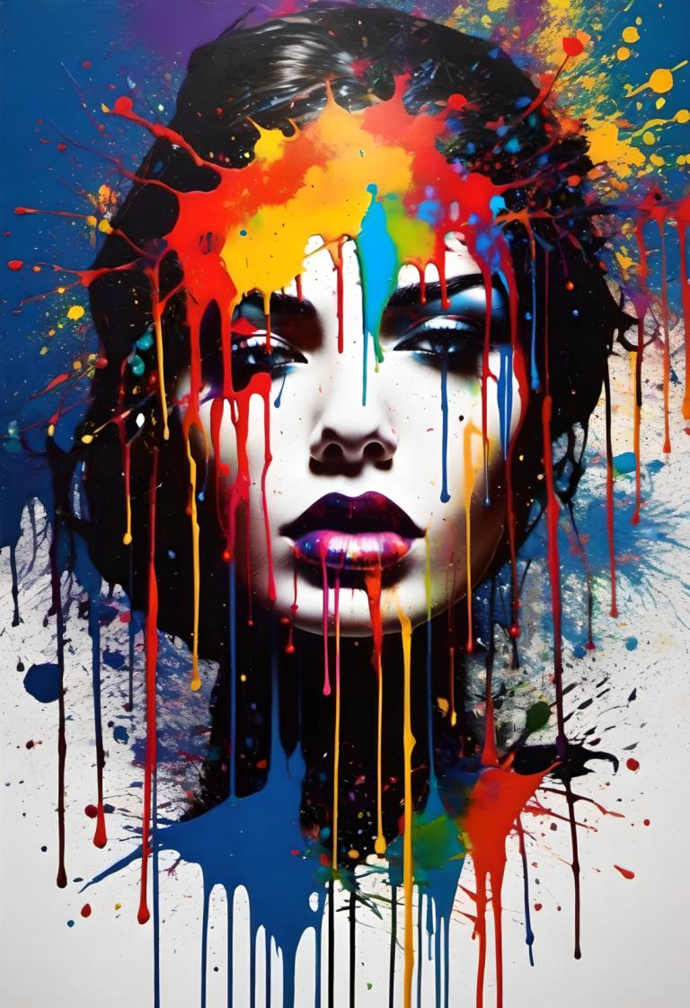 Spray Painting,Spray Painting, People, woman, solo, paint splatter, 1girl, black hair, makeup