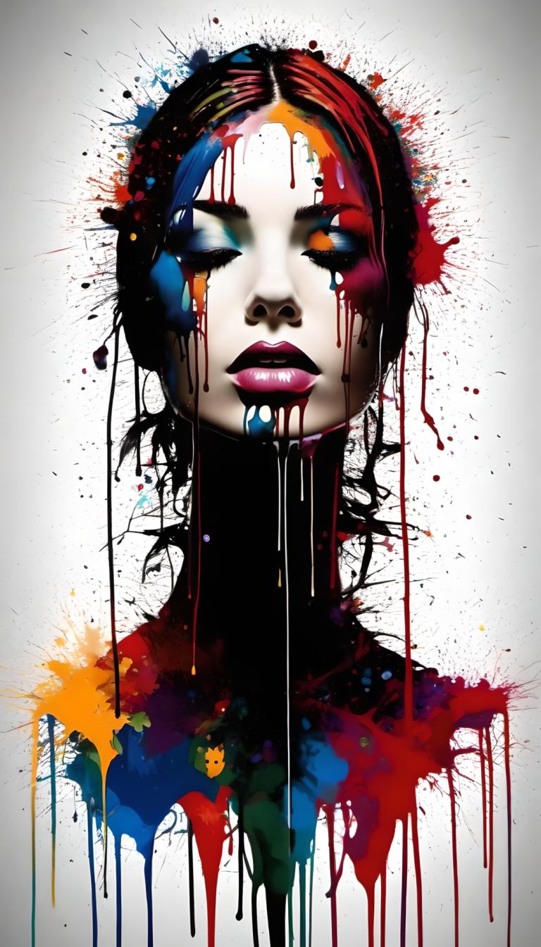 Spray Painting,Spray Painting, People, woman, solo, 1girl, paint splatter, paint, makeup, lipstick, colorful