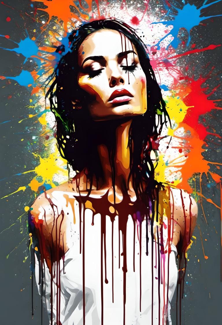 Spray Painting,Spray Painting, People, woman, 1girl, solo, paint splatter, black hair, paint, long hair