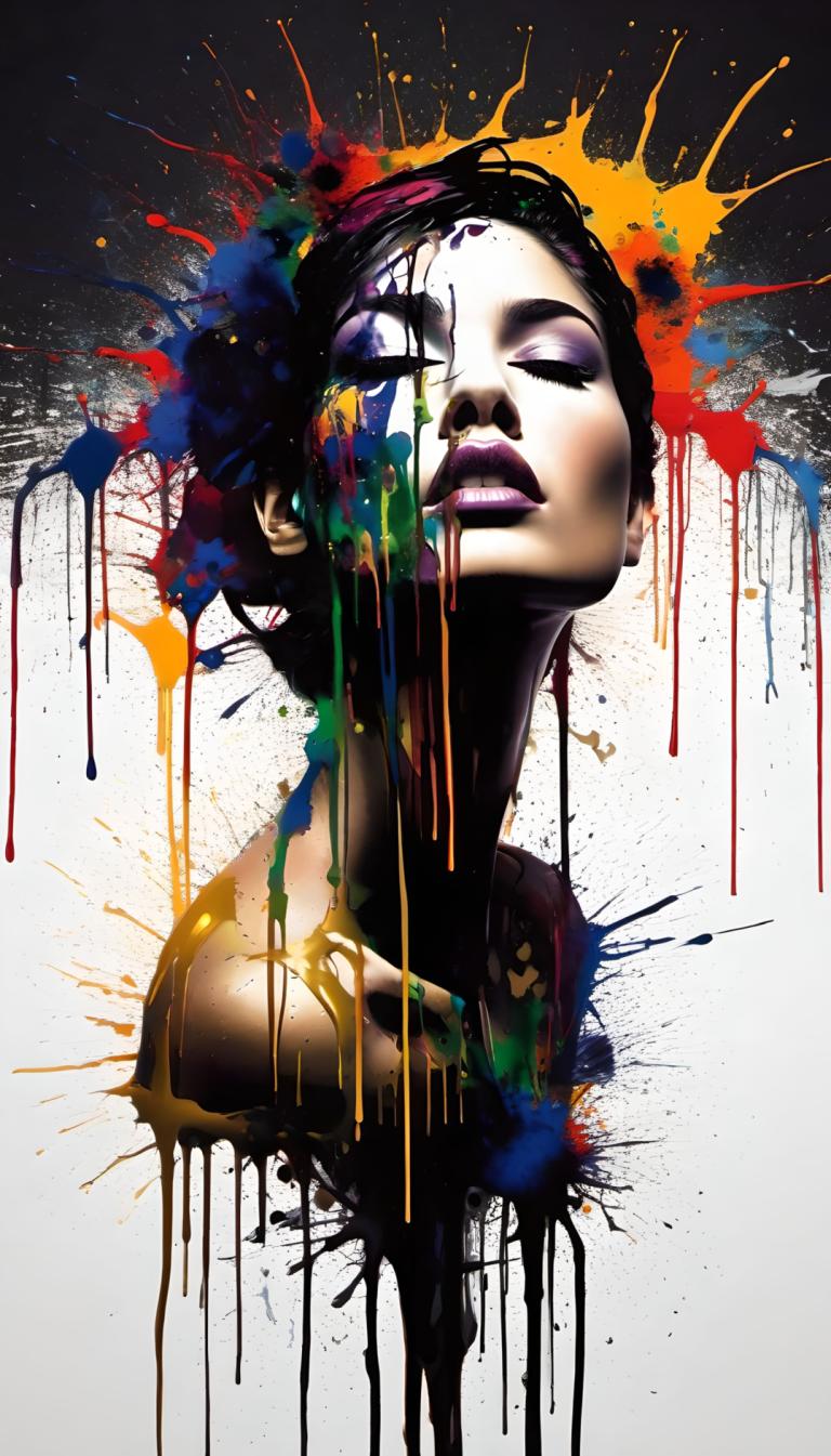 Spray Painting,Spray Painting, People, woman, 1girl, solo, paint splatter, closed eyes, makeup, black hair