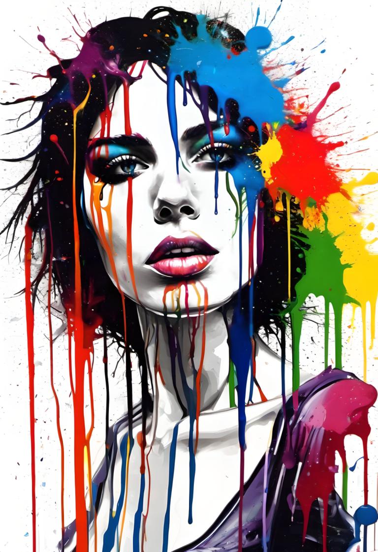 Spray Painting,Spray Painting, People, woman, 1girl, solo, paint splatter, black hair, makeup, paint