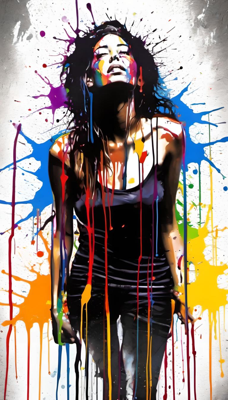 Spray Painting,Spray Painting, People, woman, 1girl, solo, paint splatter, black hair, paint, long hair