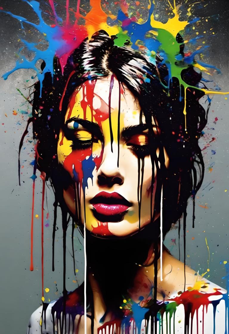 Spray Painting,Spray Painting, People, woman, 1girl, paint splatter, solo, paint, black hair