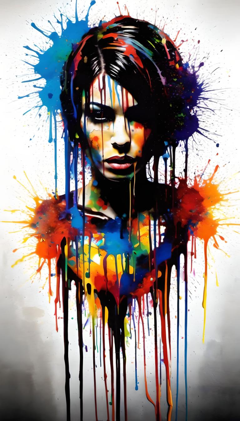 Spray Painting,Spray Painting, People, woman, 1girl, solo, paint splatter, abstract, colorful, black hair