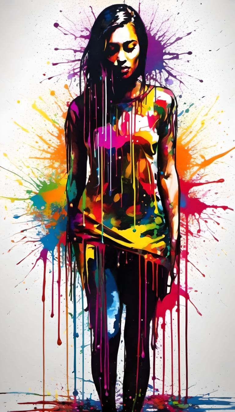 Spray Painting,Spray Painting, People, woman, 1girl, solo, paint splatter, black hair, colorful, standing