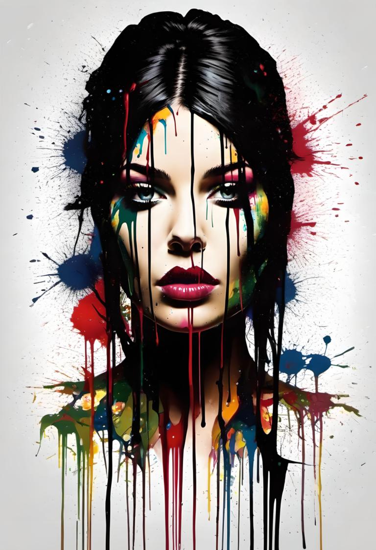 Spray Painting,Spray Painting, People, woman, 1girl, solo, black hair, paint splatter, makeup