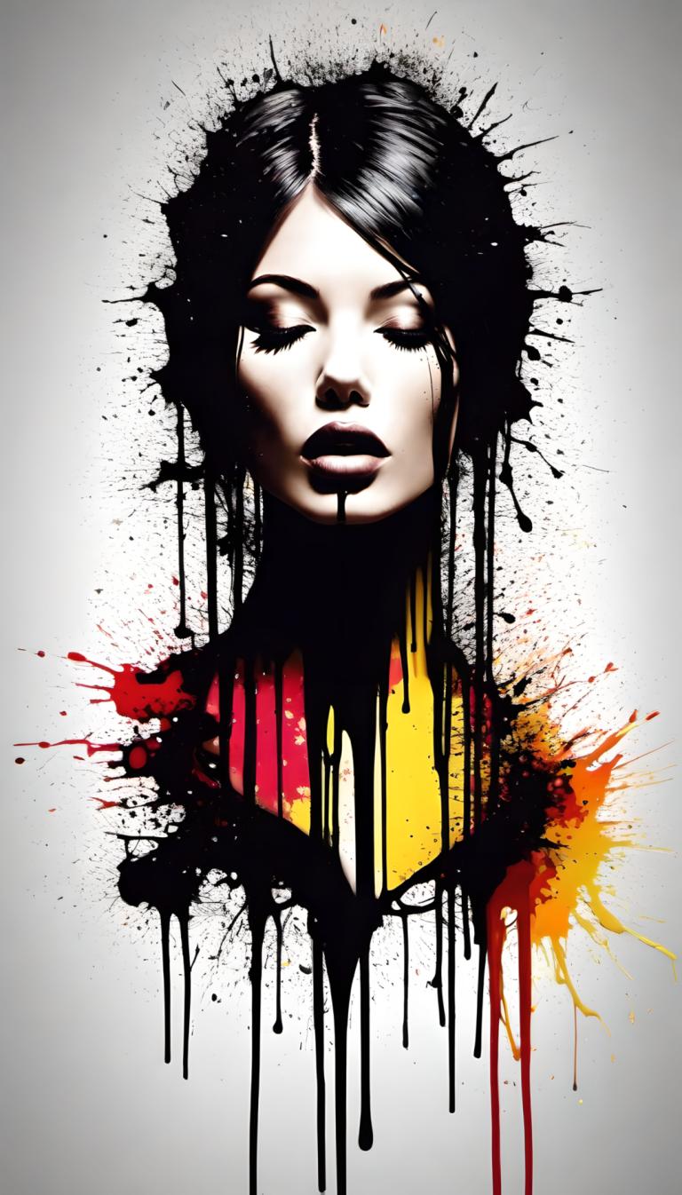 Spray Painting,Spray Painting, People, woman, 1girl, solo, black hair, closed eyes, abstract, lips