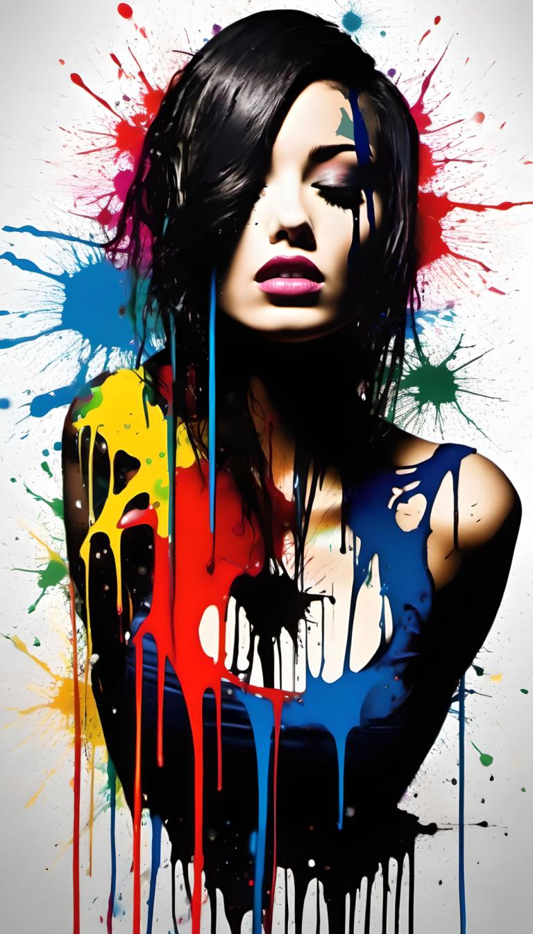 Spray Painting,Spray Painting, People, woman, 1girl, solo, paint splatter, black hair, long hair, paint, lips