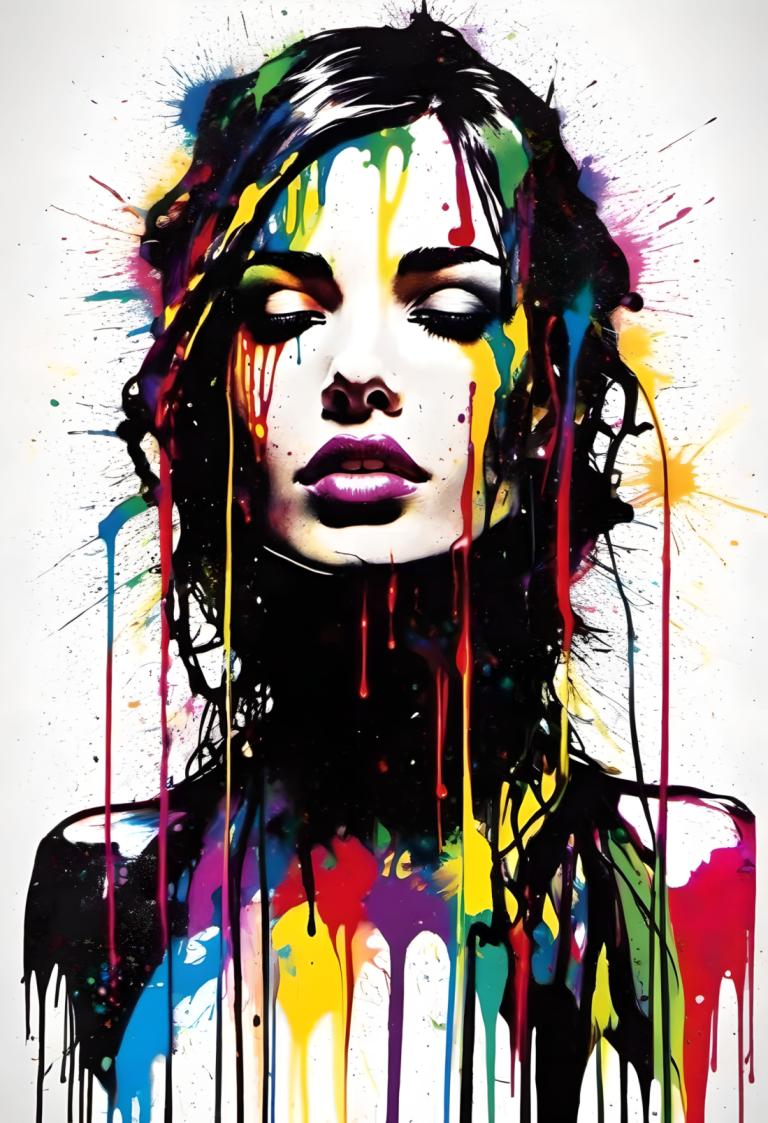 Spray Painting,Spray Painting, People, woman, 1girl, solo, paint splatter, black hair, makeup