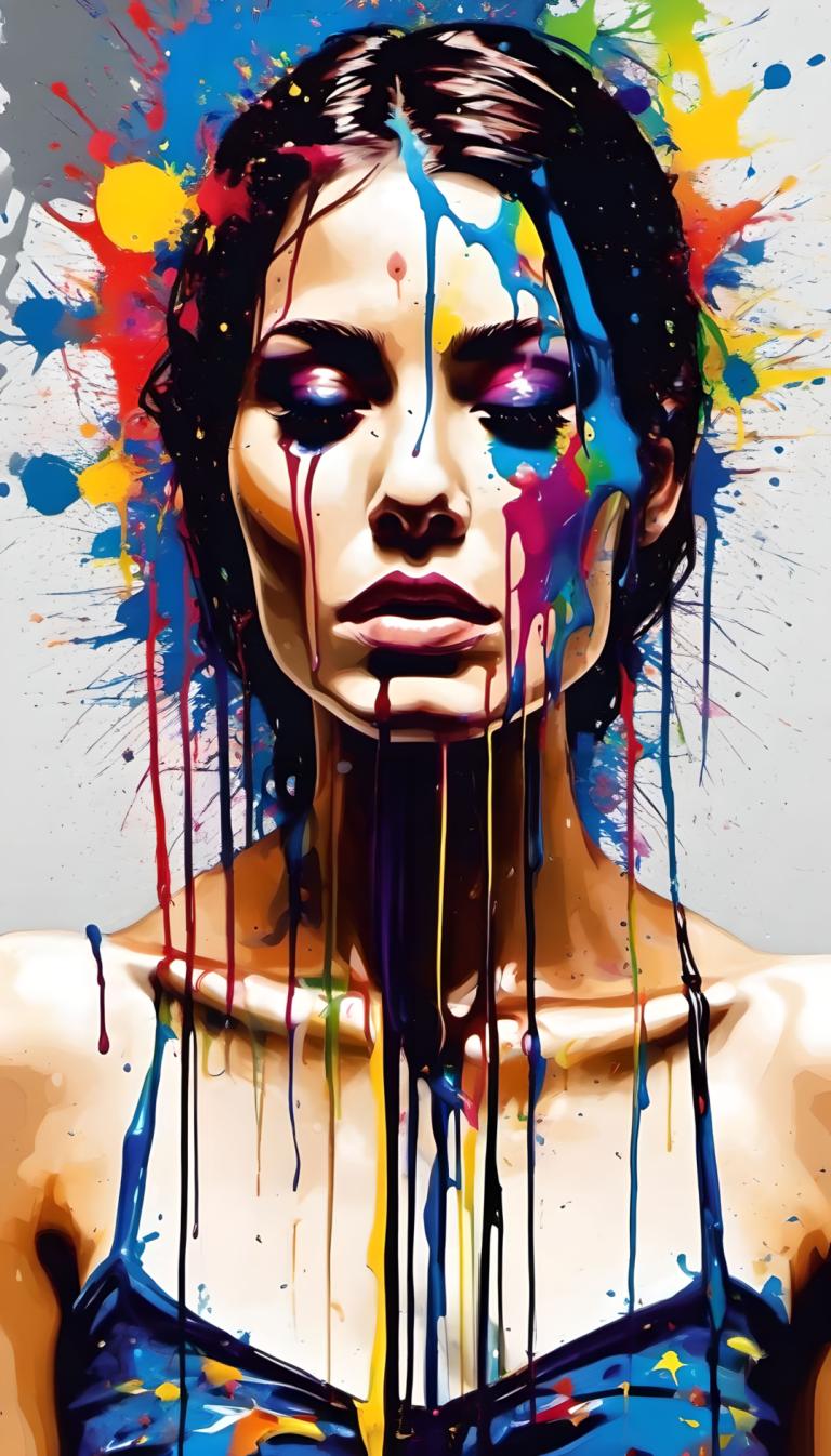 Spray Painting,Spray Painting, People, woman, 1girl, solo, paint splatter, paint, black hair, lips