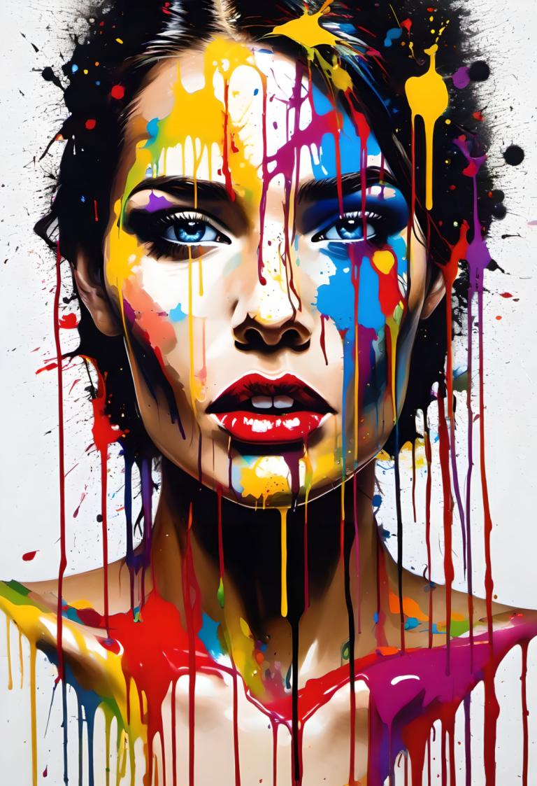 Spray Painting,Spray Painting, People, woman, solo, paint splatter, blue eyes, black hair, paint, makeup