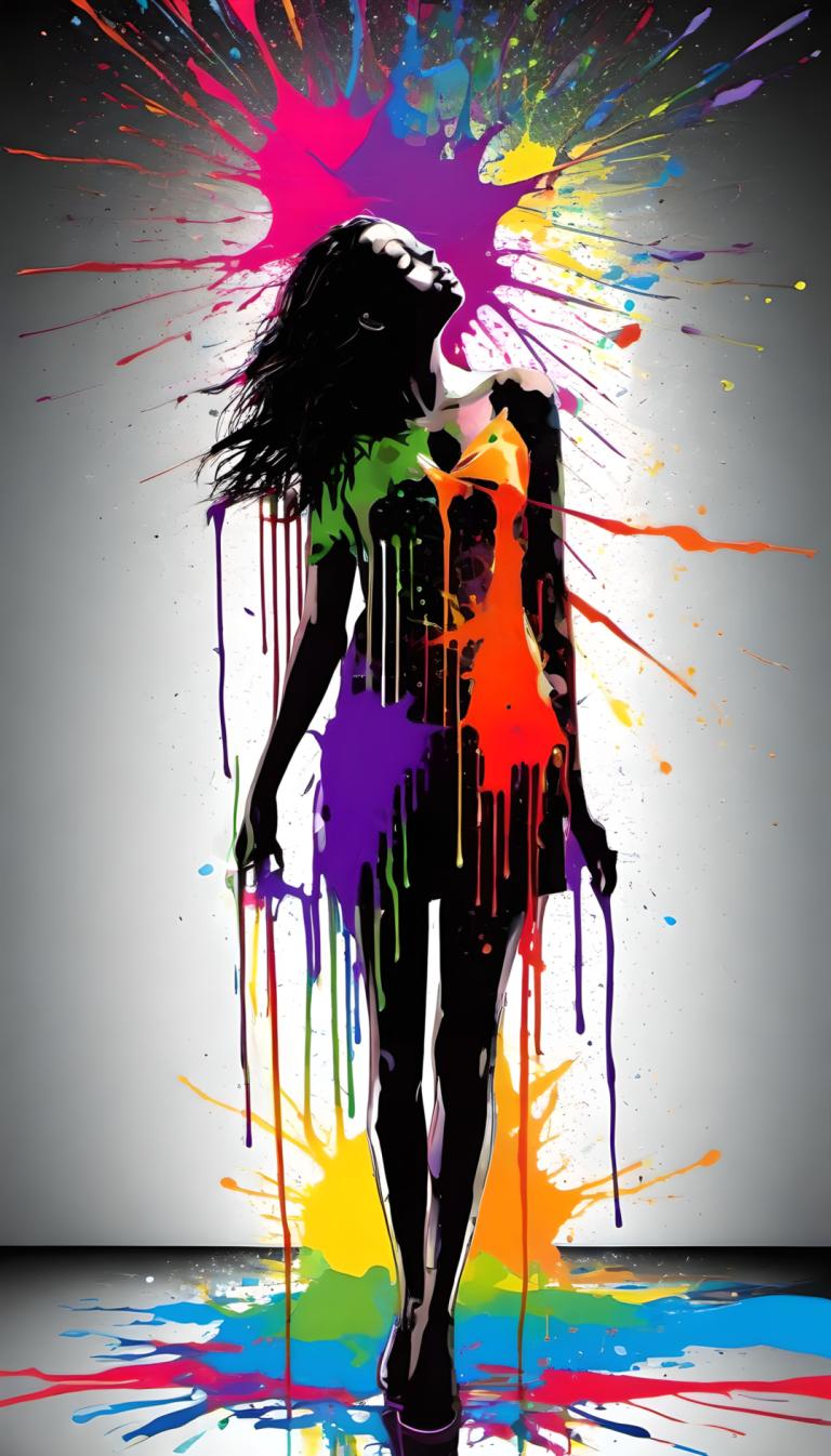 Spray Painting,Spray Painting, People, woman, 1girl, solo, paint splatter, paint, abstract, black hair