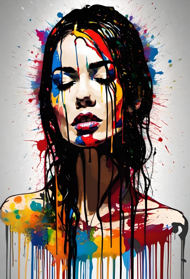 Spray Painting,Spray Painting, People, woman, 1girl, solo, paint splatter, closed eyes, black hair, long hair