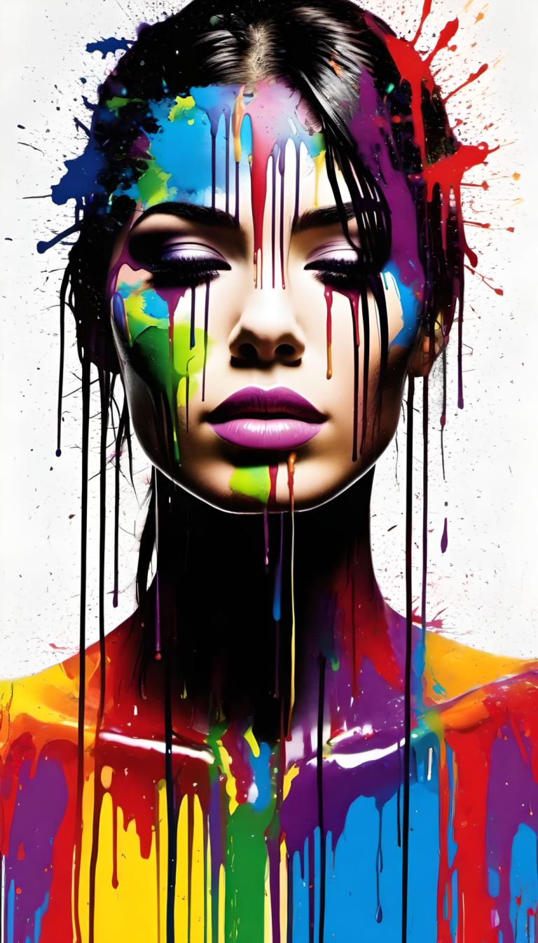 Spray Painting,Spray Painting, People, woman, solo, 1girl, paint splatter, black hair, paint, makeup