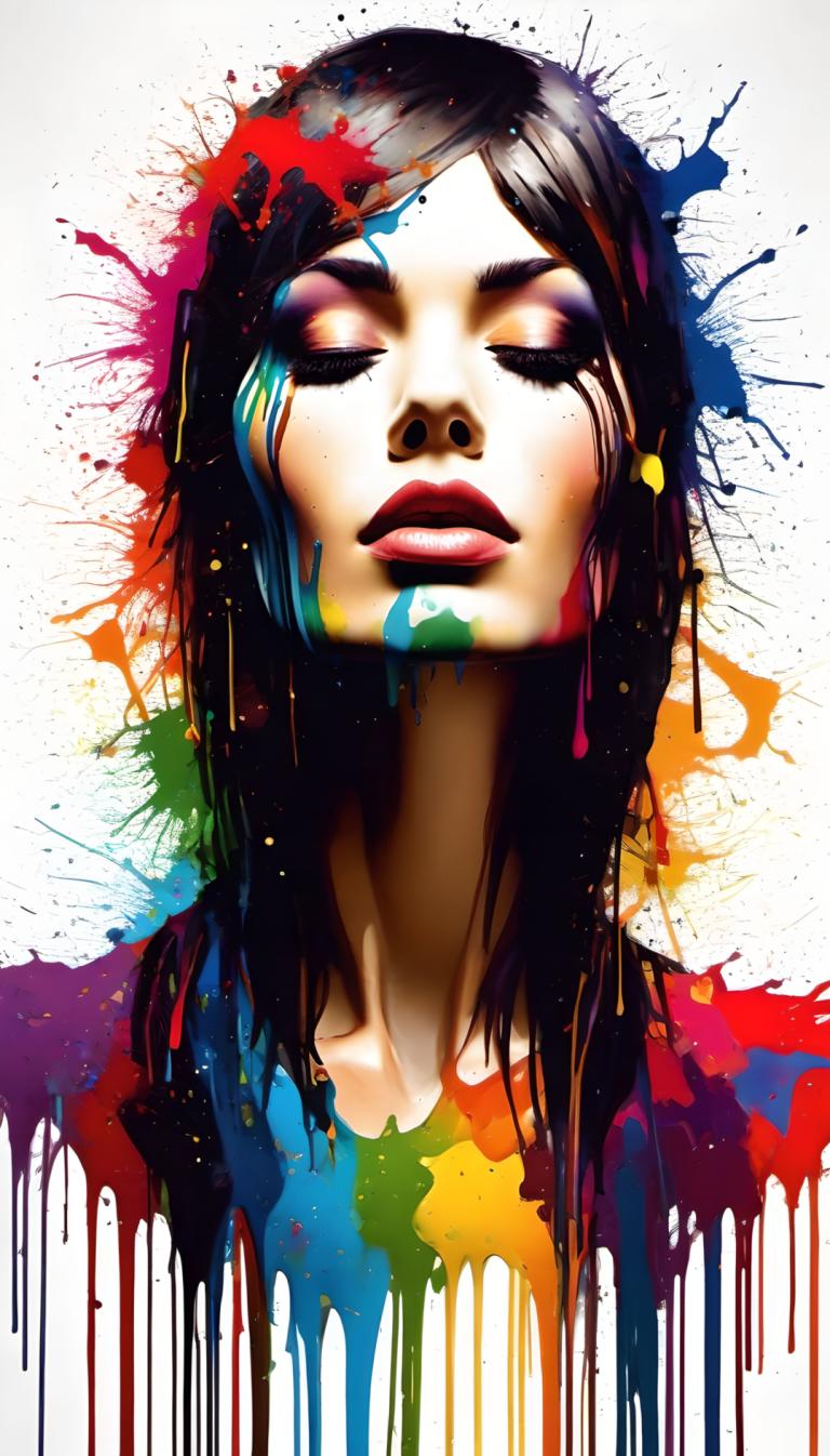 Spray Painting,Spray Painting, People, woman, 1girl, solo, black hair, paint splatter, makeup, closed eyes