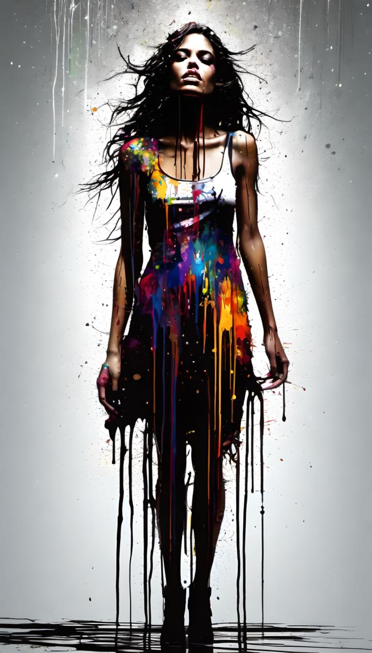 Spray Painting,Spray Painting, People, woman, solo, 1girl, black hair, long hair, standing, full body, dress