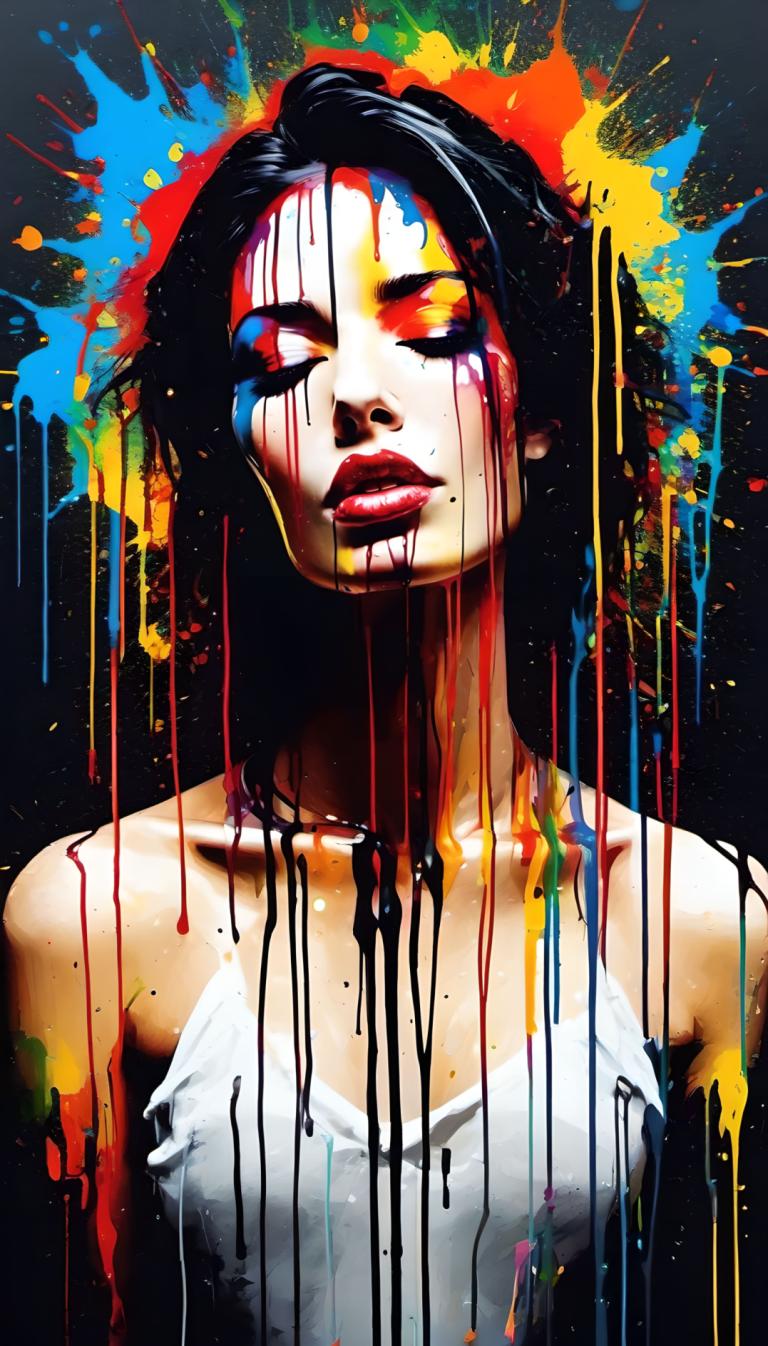 Spray Painting,Spray Painting, People, woman, 1girl, solo, black hair, paint splatter, paint, upper body