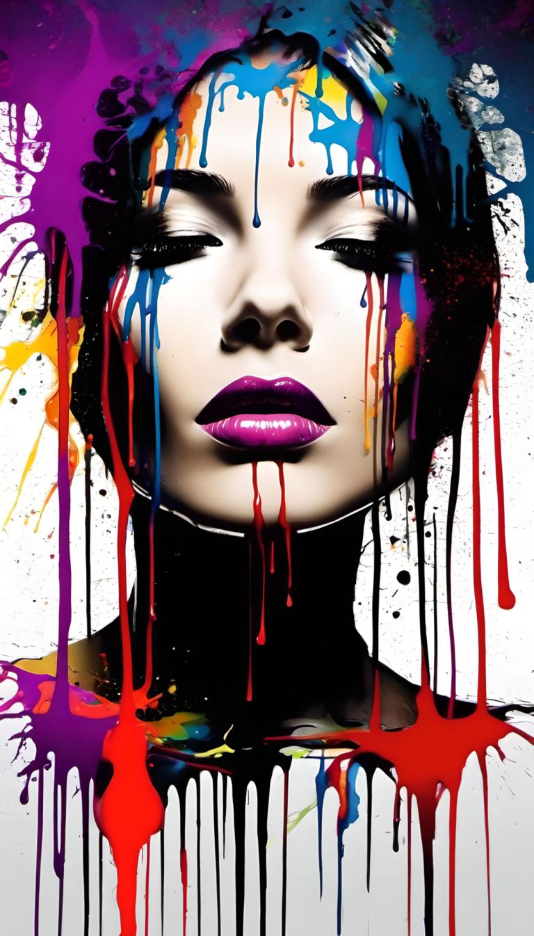 Spray Painting,Spray Painting, People, woman, solo, paint splatter, makeup, purple lips, lipstick, 1girl