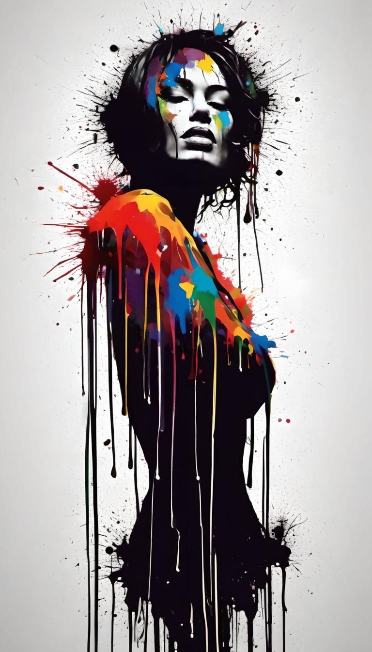 Spray Painting,Spray Painting, People, woman, solo, paint splatter, 1girl, black hair, facepaint, abstract