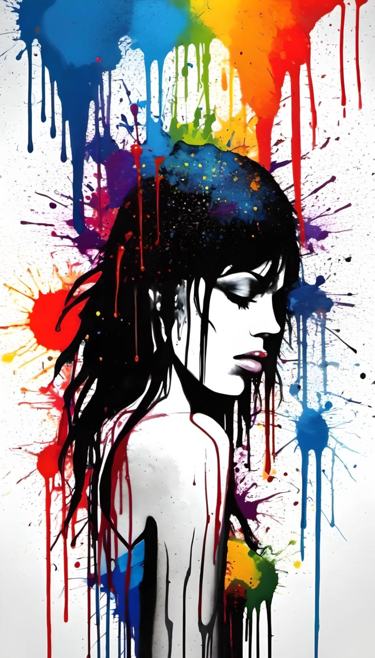 Spray Painting,Spray Painting, People, woman, 1girl, solo, black hair, abstract, long hair, closed eyes