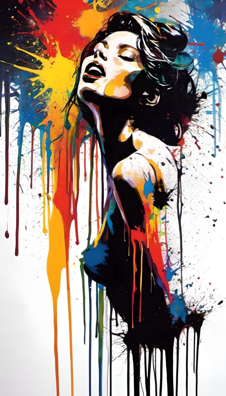 Spray Painting,Spray Painting, People, woman, 1girl, solo, black hair, paint splatter, closed eyes