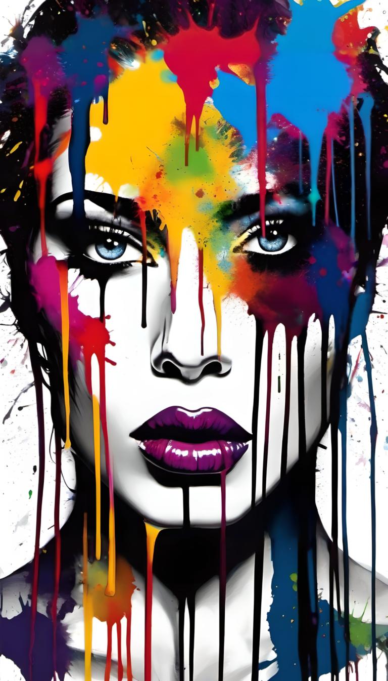 Spray Painting,Spray Painting, People, woman, solo, 1girl, paint splatter, blue eyes, makeup