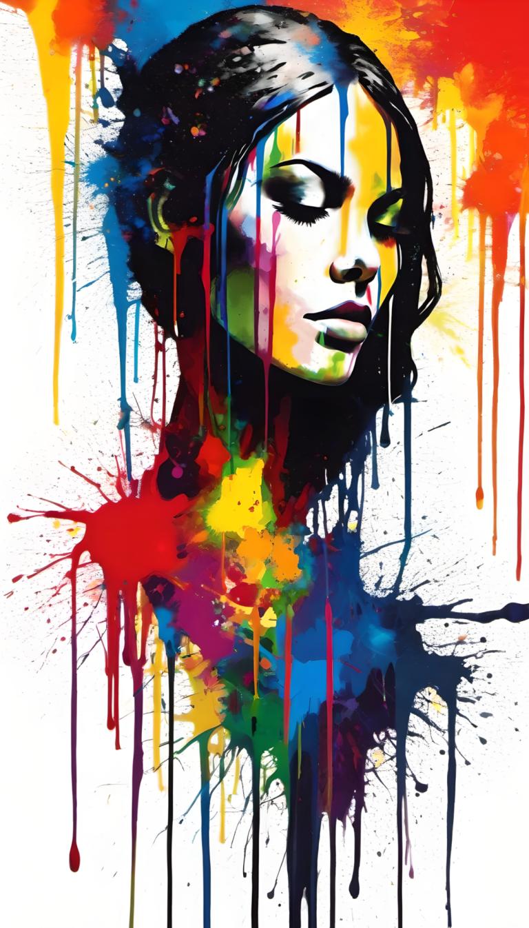 Spray Painting,Spray Painting, People, woman, solo, black hair, paint splatter, 1girl, abstract, paint