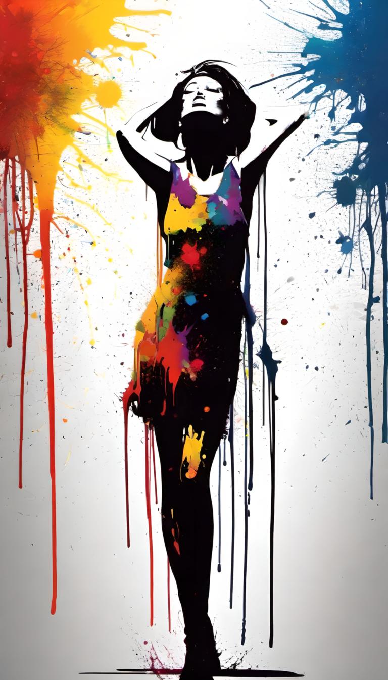 Spray Painting,Spray Painting, People, woman, 1girl, solo, paint splatter, abstract, paint, black hair