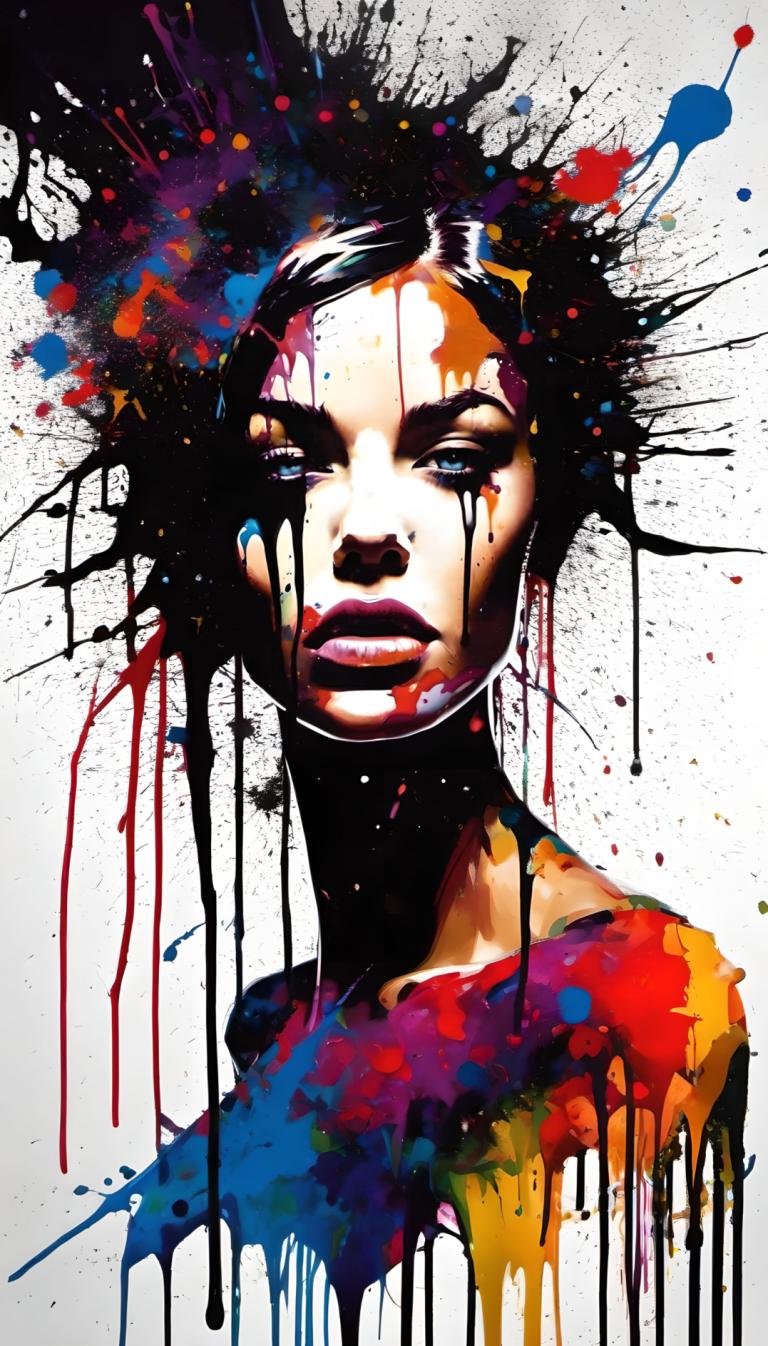 Spray Painting,Spray Painting, People, woman, solo, paint splatter, 1girl, black hair, blue eyes