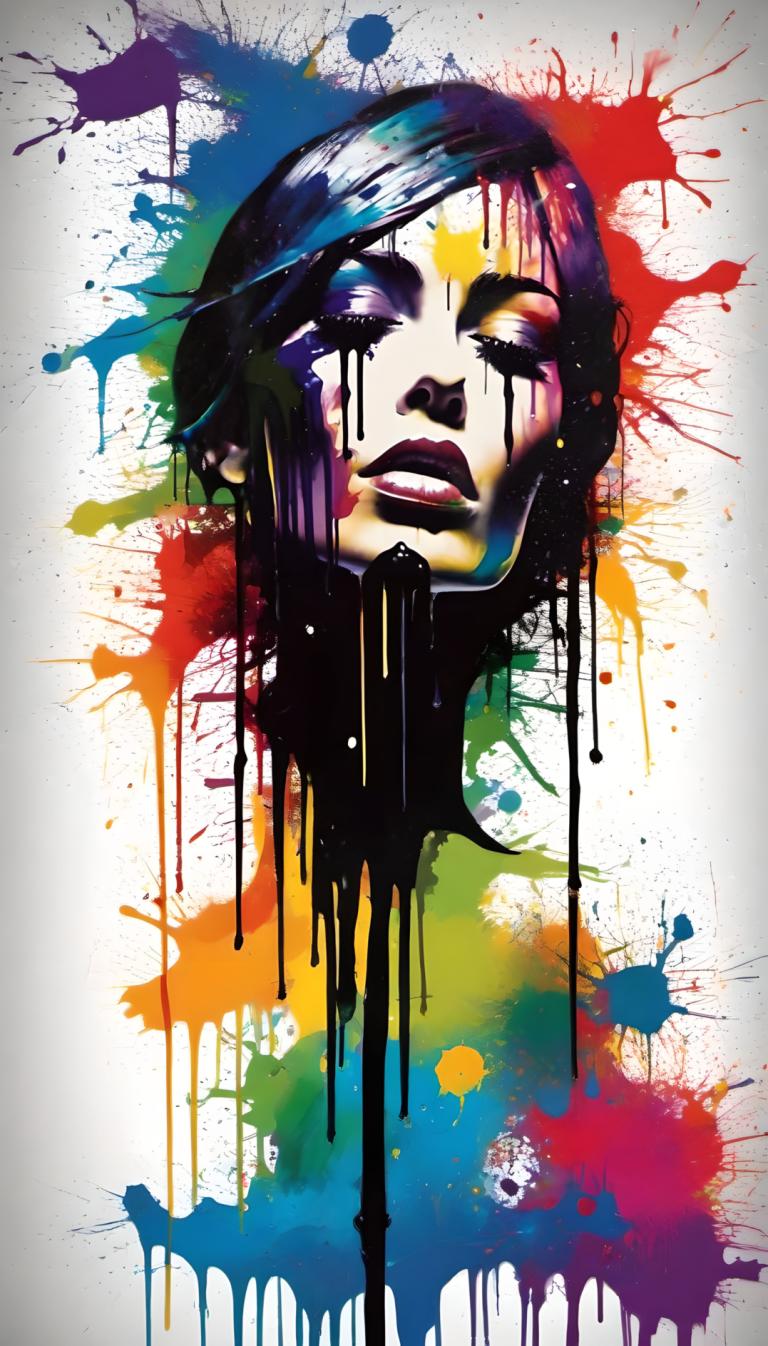 Spray Painting,Spray Painting, People, woman, 1girl, solo, paint splatter, paint, abstract, lips, black hair