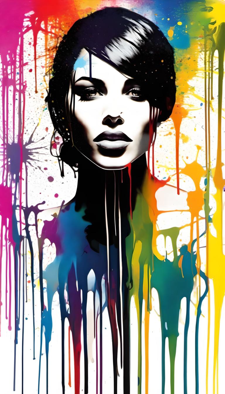 Spray Painting,Spray Painting, People, woman, solo, 1girl, paint splatter, abstract, black hair