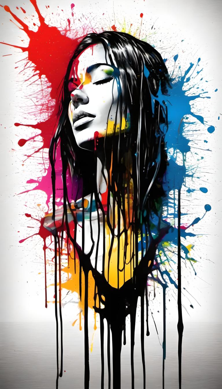 Spray Painting,Spray Painting, People, woman, solo, paint splatter, green eyes, black hair, long hair, 1girl