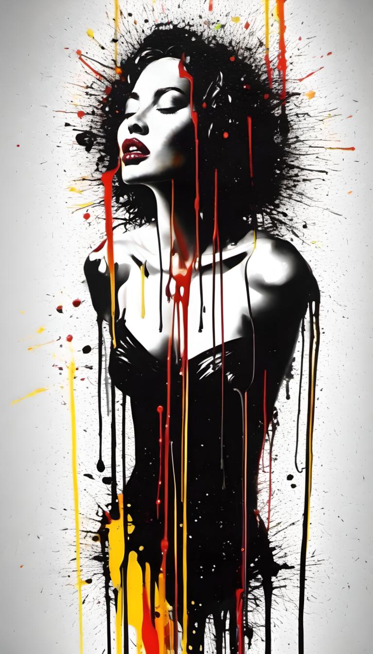 Spray Painting,Spray Painting, People, woman, 1girl, solo, breasts, lipstick, makeup, black hair, dress