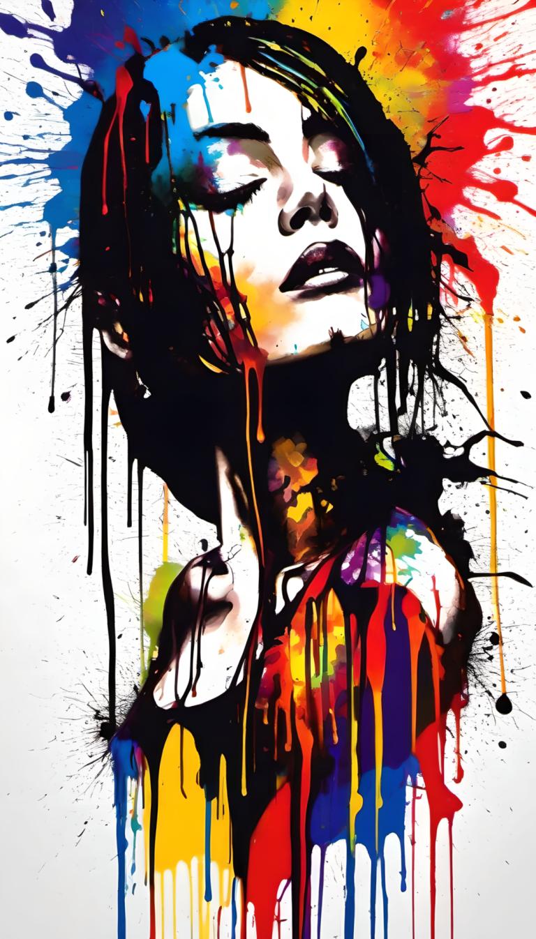 Spray Painting,Spray Painting, People, woman, solo, 1girl, abstract, paint splatter, black hair, colorful