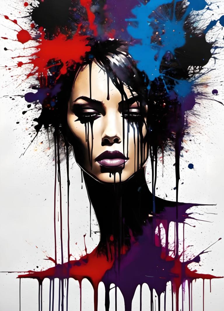 Spray Painting,Spray Painting, People, woman, solo, 1girl, black hair, makeup, paint splatter, lipstick