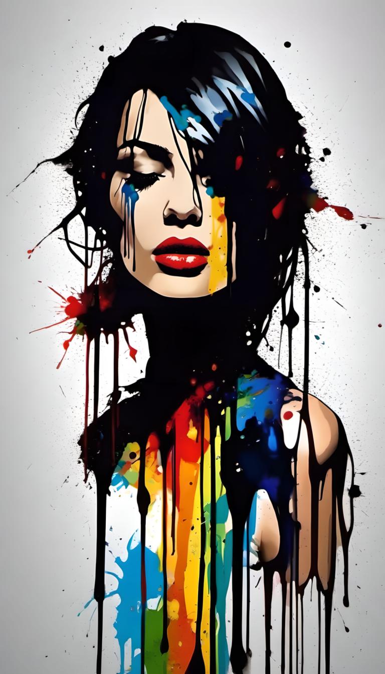 Spray Painting,Spray Painting, People, woman, 1girl, solo, black hair, paint splatter, makeup, red lips