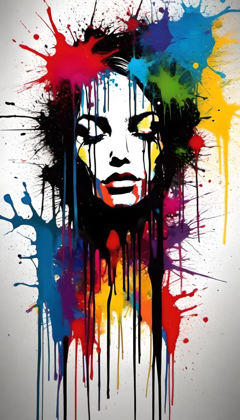 Spray Painting,Spray Painting, People, woman, solo, paint splatter, yellow eyes, makeup, abstract, 1girl