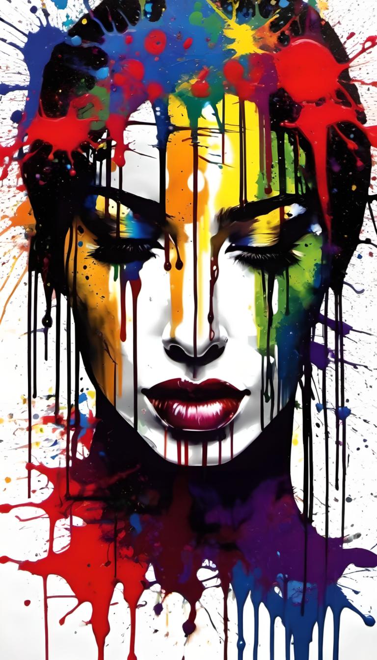 Spray Painting,Spray Painting, People, woman, paint splatter, solo, paint, open mouth, colorful, makeup