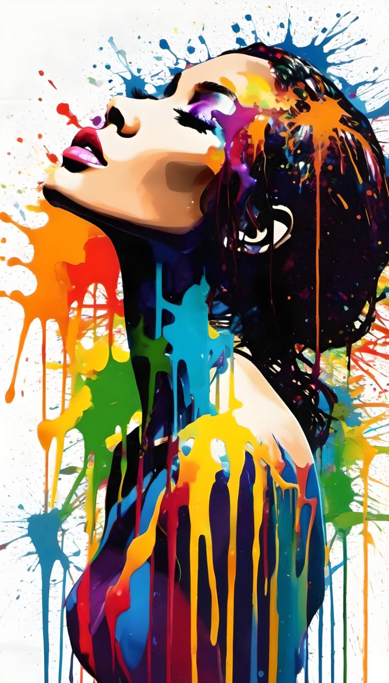 Spray Painting,Spray Painting, People, woman, 1girl, solo, paint splatter, black hair, purple eyes, from side