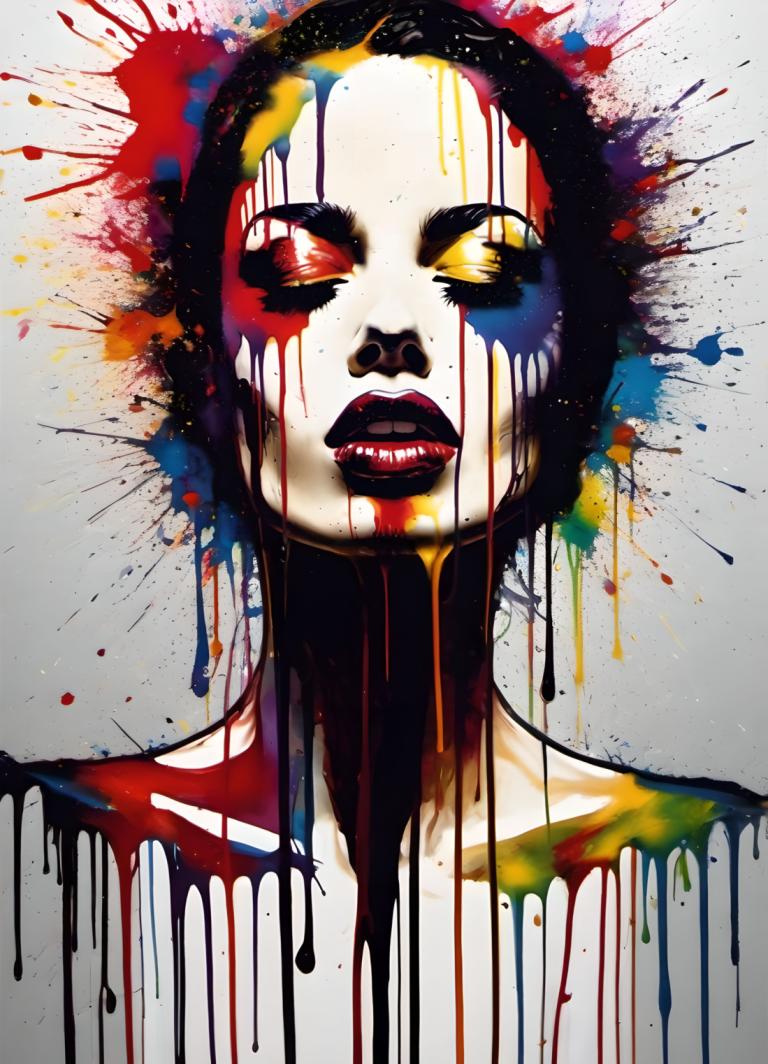 Spray Painting,Spray Painting, People, woman, solo, paint splatter, yellow eyes, 1girl, paint, black hair