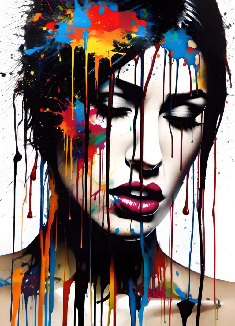 Spray Painting,Spray Painting, People, woman, 1girl, solo, paint splatter, black hair, makeup, black eyes