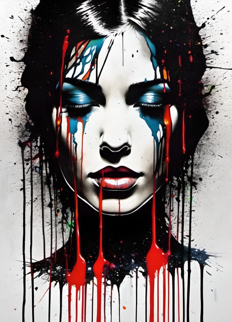 Spray Painting,Spray Painting, People, woman, solo, 1girl, blood, black hair, makeup, blue eyes, red lips