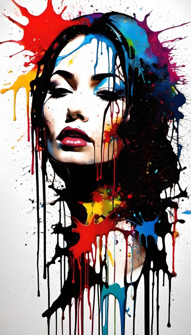 Spray Painting,Spray Painting, People, woman, 1girl, solo, paint splatter, closed eyes, abstract, makeup