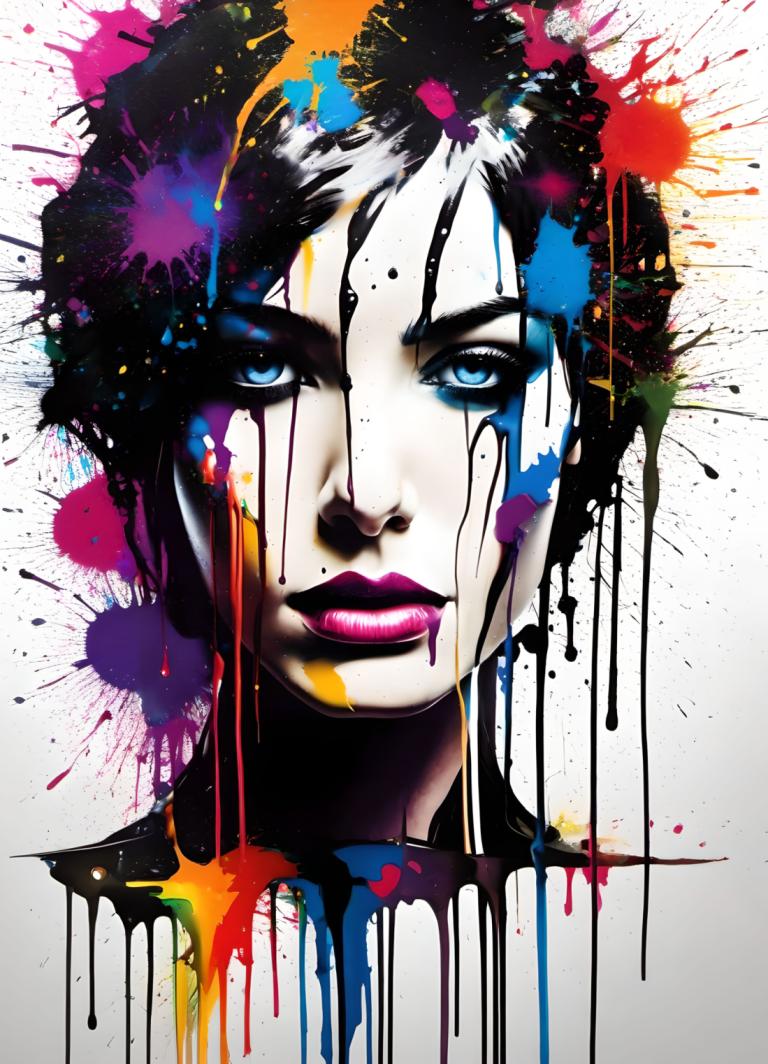 Spray Painting,Spray Painting, People, woman, solo, paint splatter, 1girl, blue eyes, paint, black hair