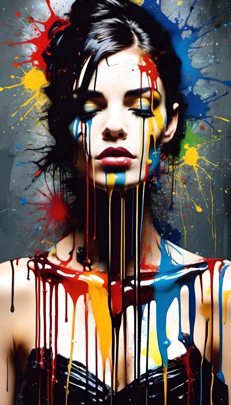 Spray Painting,Spray Painting, People, woman, 1girl, solo, paint splatter, black hair, paint, lips, makeup