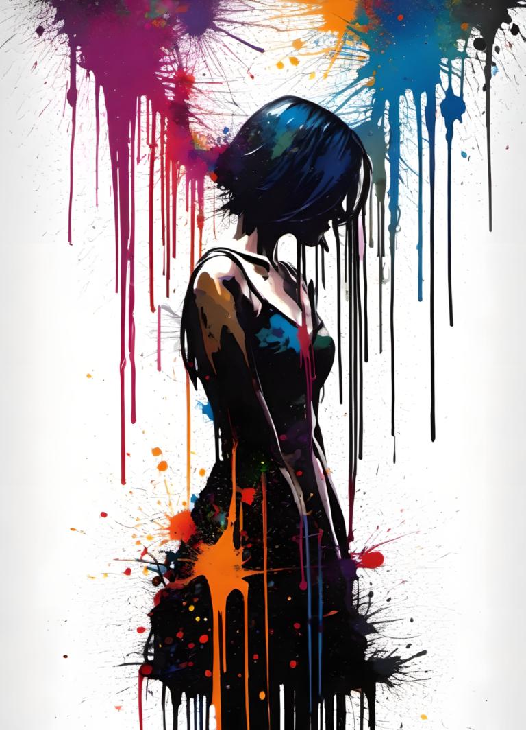 Spray Painting,Spray Painting, People, woman, 1girl, solo, paint splatter, short hair, dress, black dress